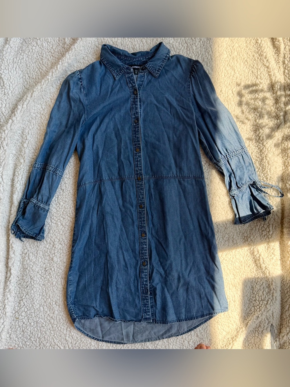Express Lyocell Denim Shirt Dress XS Boho Puff Sleeve Chambray Tunic